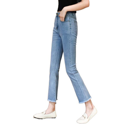 American Style light blue High Waist Micro-Lar Jeans Women's Summer 2025 New Style Small Nine-point Slim Fit Horn Pants