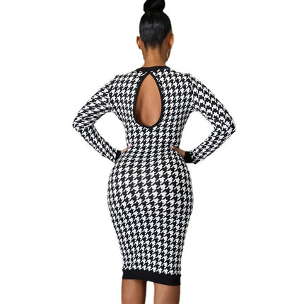 European and American Hot Products 2022 Spring New Long-Sleeved Round Neck Back Cut Out Printing Elegant Slim Skirt Export Wholesale
