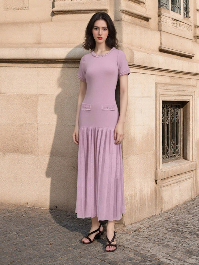 Cross-Border European and American Style Women's Clothing, New Spring and Summer Beaded Short-Sleeved Waist-Cinching Ladylike Style New Knitted Dress