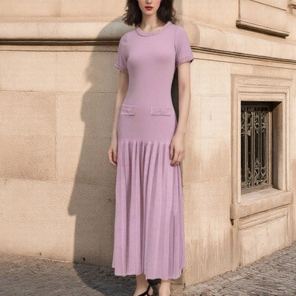 Cross-Border European and American Women's Clothing Round Neck Heavy Beaded Knitted Short-Sleeved Long Skirt Elegant Waist Pleated Skirt Slim Dress