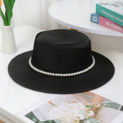 [Great Value] French Style Socialite Flat Top Hat 2025 New Summer Elegant Pearl String Sunshade Woven Straw Hat