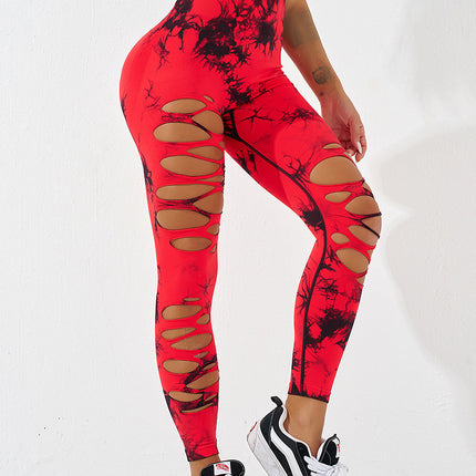 European and American Tie-Dye Hole Yoga Pants Sexy Hip Hollow Sports Tight Pants Women's High Waist Peach Hip Yoga Pants