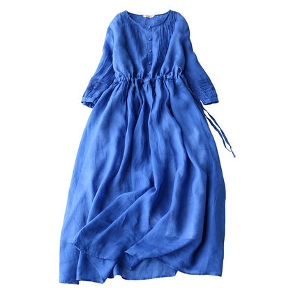 Vintage Cotton Linen Lace-up Waist Slimming Half-sleeve Dress Women's Round Neck Elegant Organ Pleated Elegant Fairy Skirt
