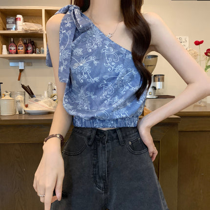 Resort Style Floral Slanted Shoulder Vest for Women Summer 2025 New Style French Chic Sexy Off-Shoulder Strappy Top for Outer Wear