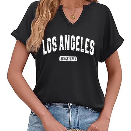 Amazon Spring and Summer New Product V-Neck Rolled Sleeves Los Angeles Letter Positioning Printed Pullover Short Sleeves