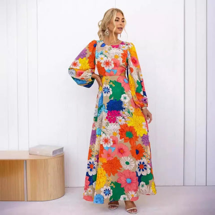 25Th European and American Export Autumn and Winter New Fashion Printed Round Neck Lantern Sleeve Long Waist Dress-23132