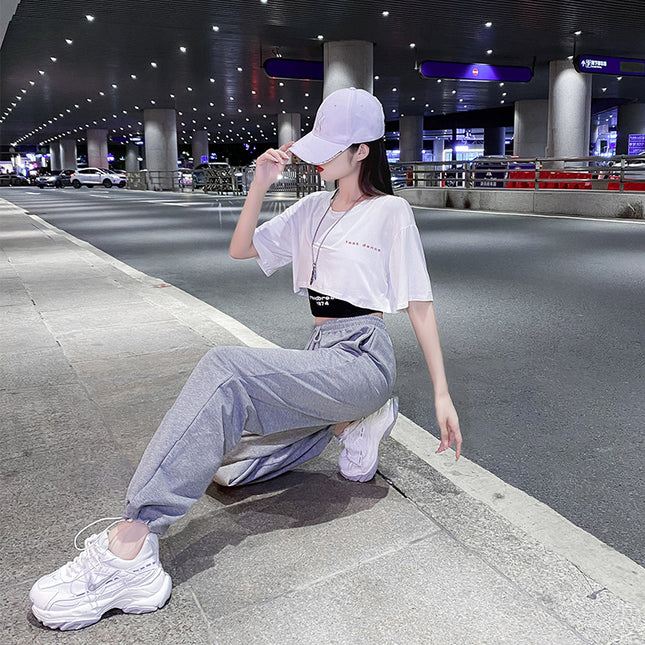 Trendy Loose-Fitting Short-Sleeve Crop Top Two-Piece Set Casual Cotton Commuting Jazz Dance Square Dance Modern Dance Practice Top