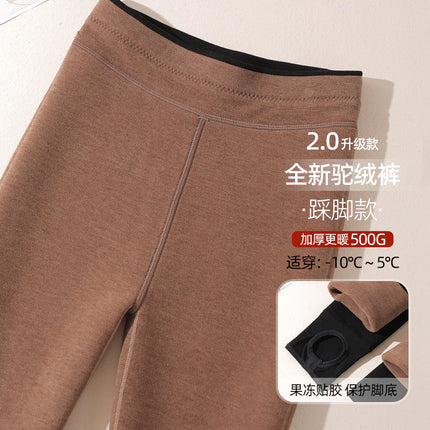 Thickened Camel Wool Leggings for Women, Fleece-Lined Cotton Pants, High-Waisted Slim Fit, Plus-Size Warm Pants for Outdoor Wear