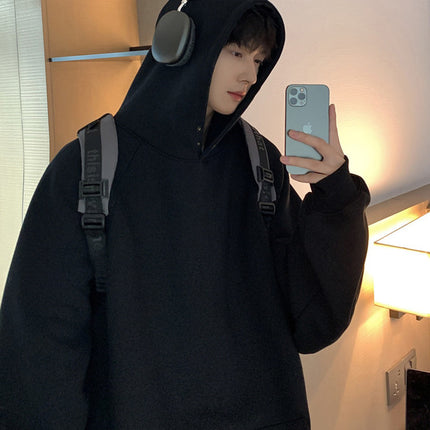 Intfeday American Retro Windproof Buckle Design Hooded Sweatshirt Men's Autumn and Winter Heavy Pure Color Pullover Hoodie