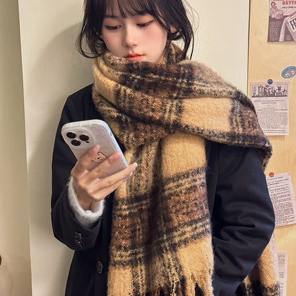 Warm coffee Maillard ~ dark blue light blue * Internet celebrity ins mohair plaid scarf autumn and winter thickened warm scarf
