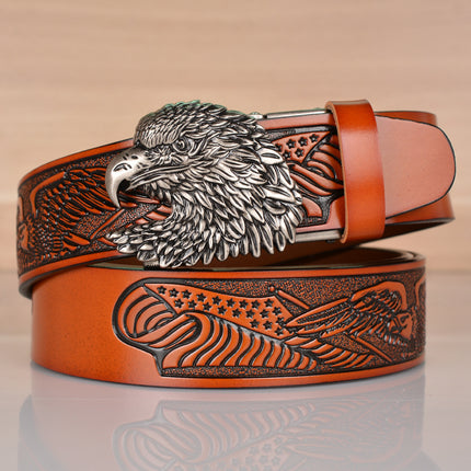Wholesale Cowhide Men's Belt Eagle Pattern Embossed Retro Eagle Head Automatic Buckle Casual Belt Men's Personalized Trouser Belt