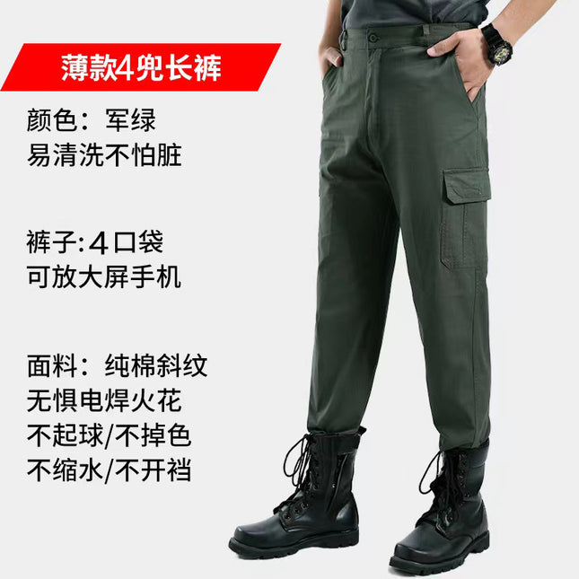 Summer Thin Work Clothes Suit for Men, Cotton-Containing Long and Short Sleeves, Breathable and Wear-Resistant Welding Work Clothes, Military Green Labor Protection Clothes