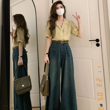 Small wide-leg jeans women's autumn high waist loose design straight plus size chubby girl loose mop pants