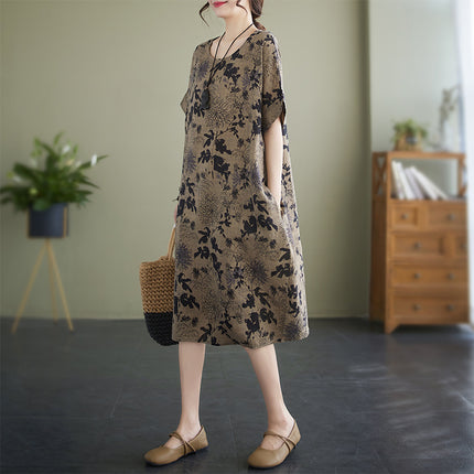 2023 New Style Elegant and High-End Short-Sleeve Loose Cotton-Linen Simple Long Floral Dress Mid-Length Artistic Retro