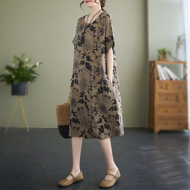 2023 New Style Elegant and High-End Short-Sleeve Loose Cotton-Linen Simple Long Floral Dress Mid-Length Artistic Retro