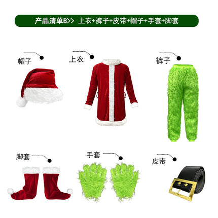 Santa Claus Grinch Green Furry Monster Grinch Party Performance Costume Cross-Border Christmas Costume Cosplay Set