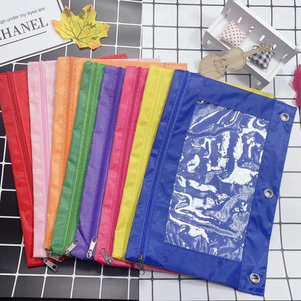 Three-Hole Oxford Cloth Pencil Case Document Bag Large Capacity Loose-Leaf Storage Bag Office Cross-Border Transparent Colorful Student Cute