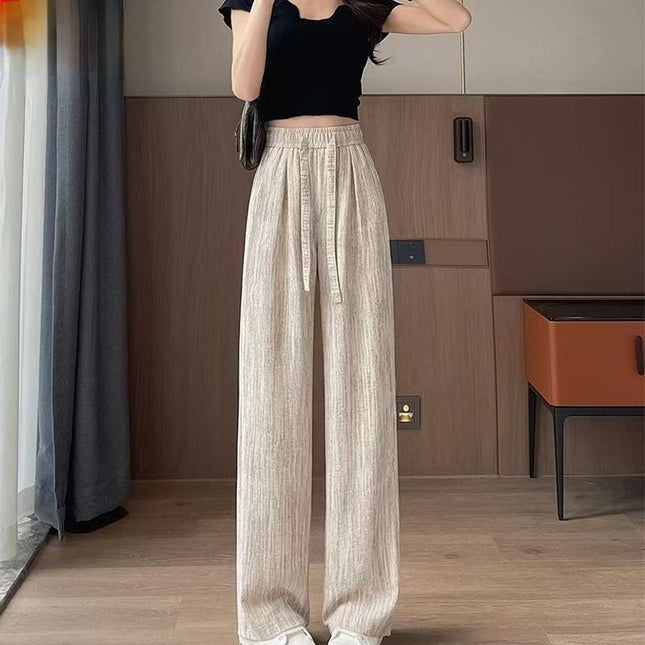 2025 New Ice Silk Wide-Leg Pants for Women, Summer High-Waisted Drawstring Textured Lazy American Casual Thin Floor-Length Pants