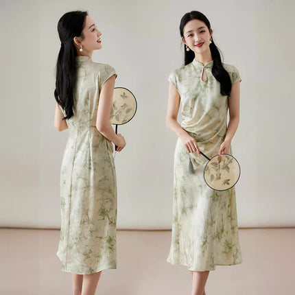 New Chinese Style Imitation Silk Improved Cheongsam dress 2024 Summer New Vintage National Style Green Midi Dress