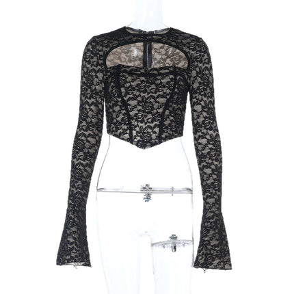 Wish Cross-Border New Women's Lace Long-Sleeved Cut Out Jacquard Navel-Baring Fashion Party Sexy Slimming Look Top