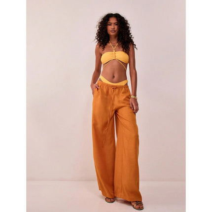 Cross-Border Bottoms Linen Texture Lace-Up Waist Pants Vacation Style Summer Bohemian Style Elegant