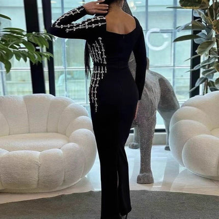 Cross-Border European and American New Hot-Selling Bandage Dress Heavy-Duty Nail Drill Slim Long-Sleeved High-Definition Evening Dress for Women