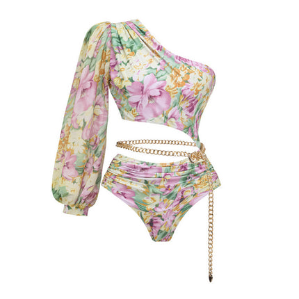 Long-sleeved Single-shoulder Hollow-out Floral Vacation One-piece Swimsuit suit Women's 2024 Beach Vacation Swimsuit New Arrival