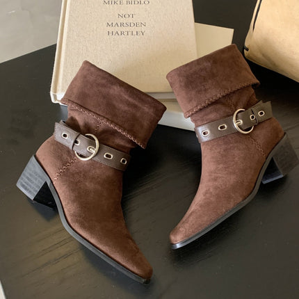Knight Boots Women's 2025 Autumn and Winter New Retro Suede Northwest Wind Cowboy Boots Square Toe Thick Heel Medium Heel Travel Short Boots