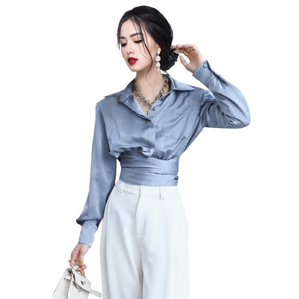 Fashionable all-match lapel button back bow elegant elegant shirt cross-border Women's Spring and Autumn New exquisite shirt