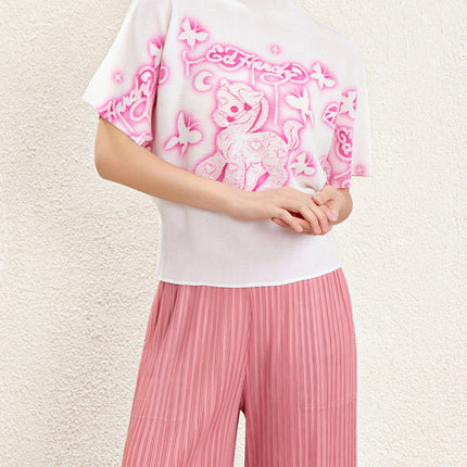 Designer Crewneck T-shirt Women's 2025 New Summer Pleated Cartoon Figure Printed Top Loose Thin T-shirt
