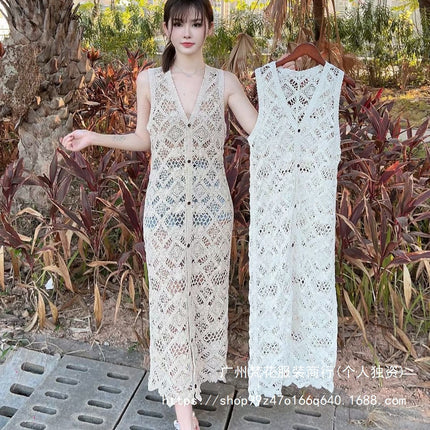 Green Lace Hollow-out Knitted Sleeveless Vesset Dress Women's Striped Cardigan dress Outer Layover Blouse Mid-length