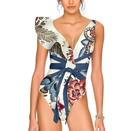 2024 European and American New Bikini Shoulder Ruffled Peco Peco Peco Print Split Swimsuit and Wrap Skirt suit