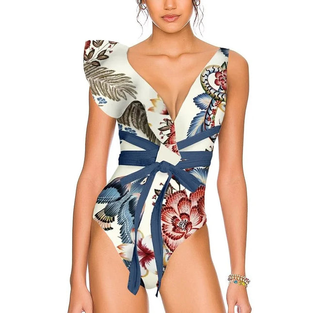 2024 European and American New Bikini Shoulder Ruffled Peco Peco Peco Print Split Swimsuit and Wrap Skirt suit