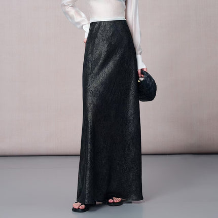 100% Gold-plated Satin Skirt Women's Tortoise Crack Rose Flower Dark Bottom Xiangyun Gauze Triacetate Hip Fishtail Skirt