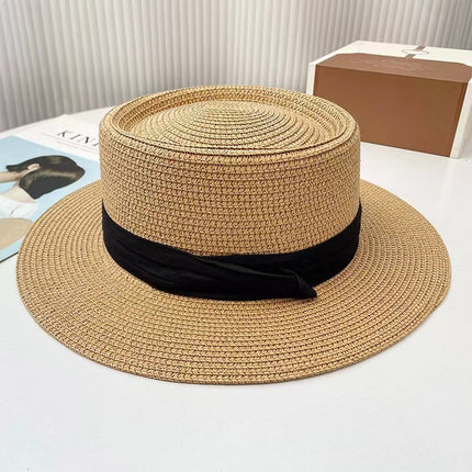 [Great Value] French Style Socialite Flat Top Hat 2025 New Summer Elegant Pearl String Sunshade Woven Straw Hat