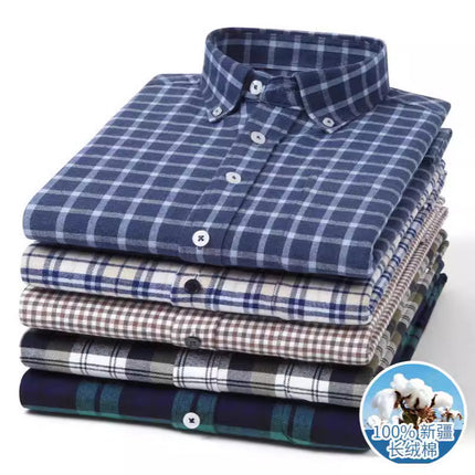 Men's Long-Sleeved Pure Cotton Brushed Plaid Casual Shirts Trendy Fashion Casual Shirts Wholesale