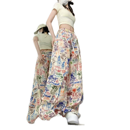 American Graffiti Print Casual Pants Autumn New Design High-Waisted Fashion Workwear Drape Floor-Length Pants for Women