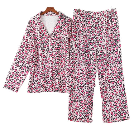 Autumn New Leopard Print Long-sleeved Top Trousers Cardigan Pajamas 2-piece Cross-border Home Clothes for plus size