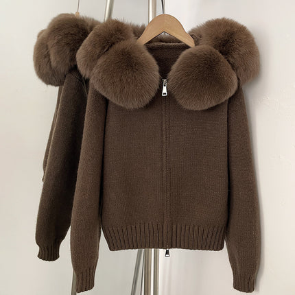 Spring 2025 Women's Gray Hooded Knit Cardigan Korean Style Loose Top