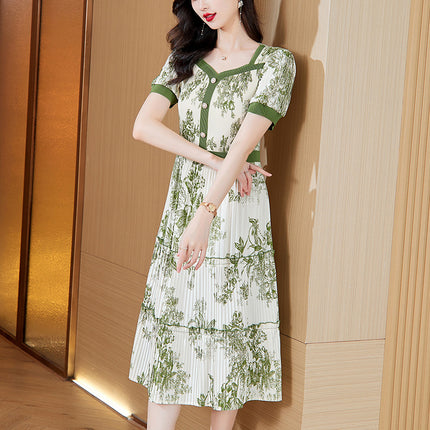 Miyake Pleats 2025 Summer New Fashionable Elegant Square Neck Printed Pleated Skirt Waist-Slimming Magic Dress