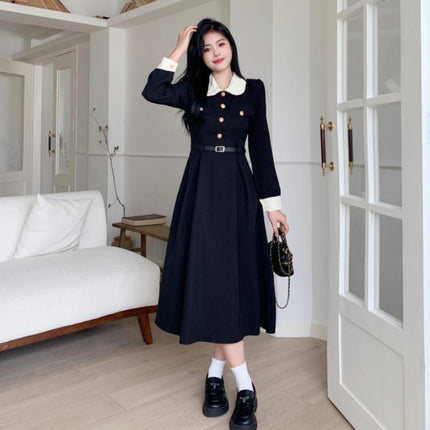 Plus size Hepburn holiday niche temperament slimming French lapel black dress tight waist color matching retro dress women