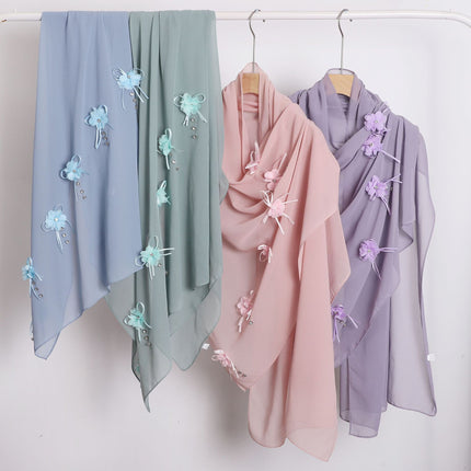 Cross-border Malaysia Scarf Ouruo Wind Nail Rhinestone Flower Chiffon Scarf Solid Color Turban Scarf Women Wholesale