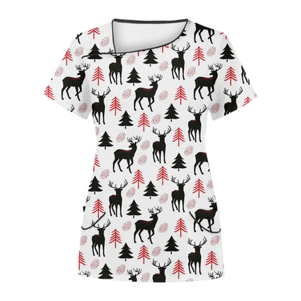 Cross-Border Aliexpress Amazon Women's Short-Sleeved Christmas Positioning Printed Flap Pocket Pants Top Scrub Clothes T-Shirt
