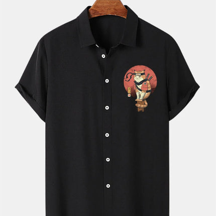 men's cross-border japanese samurai cat pattern lapel short sleeve shirt