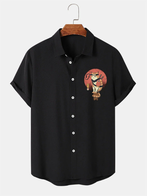 men's cross-border japanese samurai cat pattern lapel short sleeve shirt