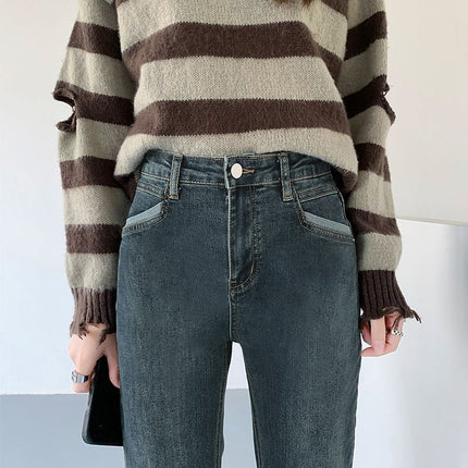 Black straight jeans women's spring and autumn small Winter wide leg baguette pants loose cropped high waist pipe pants