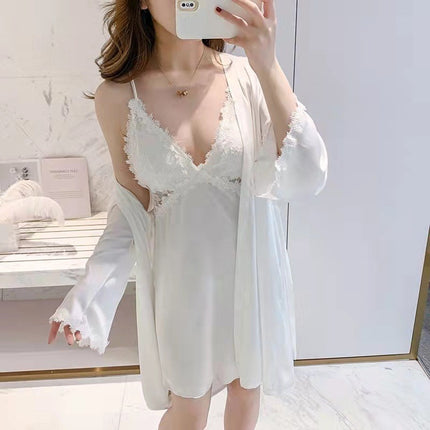 Sexy Pajamas Women's Summer Ice Silk Thin Lace 2023 New Sling Nightgown Nightgown Spring and Autumn Two-piece Set