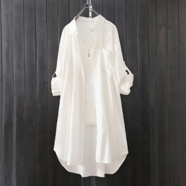 Solid Color Shirt Women's Mid-Length Western-style Shirt Design Sense Niche Front Short Back Long Chic Top Outer Thin Coat