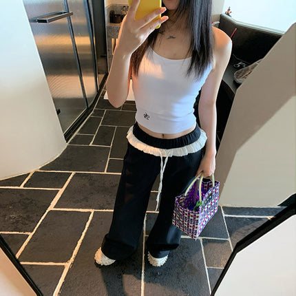 Lazy Casual Spice Girl Style Lace Contrast Color Design Sense Low Waist Dumping Sense Mop Loose Micro-horn Sports Pants for Women