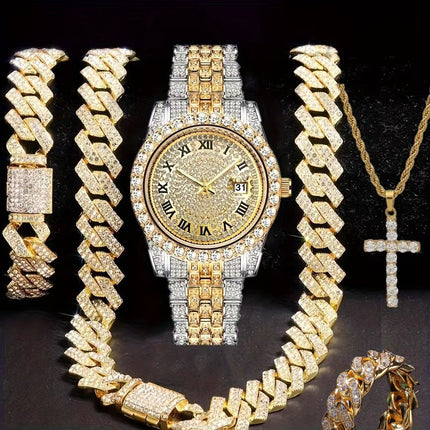Hiphop Hip Hop Diamond Watch Five-Piece Diamond Cuban Chain Cross Necklace Cuban Ring Cross Border Wholesale
